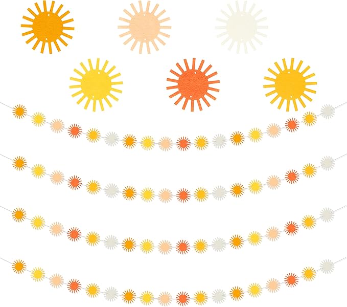 Boho Sun Garland Felt Artificial First Trip Around The Sun String Banner Hippie Boho Muted Sunrise Party Supplies Aesthetic Indoor Outdoor Party Decoration for Baby Shower Wedding, 4Pcs