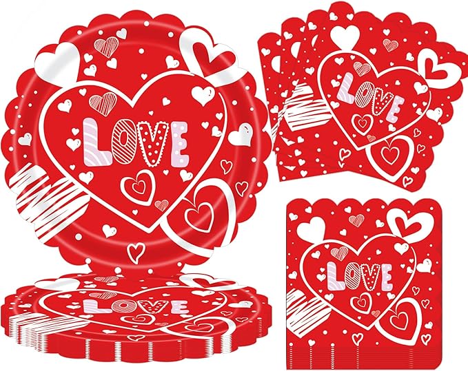 Valentines Day Plates and Napkins Set - 40 Pcs Disposable Red Heart Party Supplies for 20 Guests, Includes 20 Dinner Plates (9 Inch) & 20 Valentine Napkins for Galentines Party Decorations