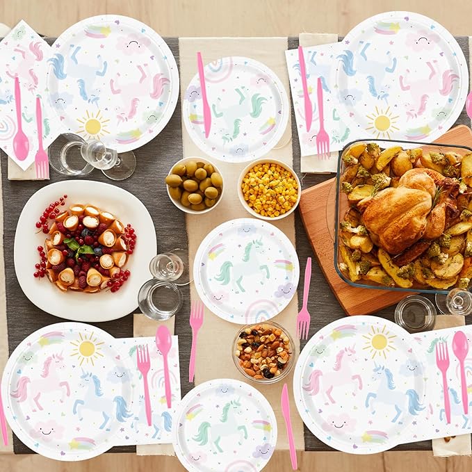 Unicorn Birthday Party Supplies for 24 Guests, Magical Pastel Theme Tableware Set Includes Disposable Paper Plates, Napkins, Cups, Cutlery, Unicorn Birthday Decorations for Girls