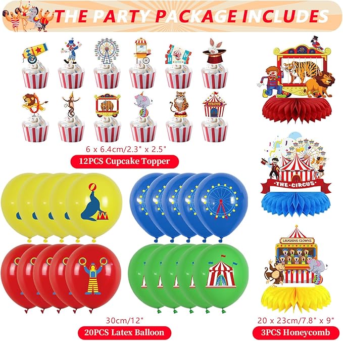 Carnival Party Decorations Circus Theme Birthday Party Supplies Including Carnival Backdrop Balloon, Red and White Stripe Tablecover, Centerpieces, cupcake topper for Circus Birthday Party