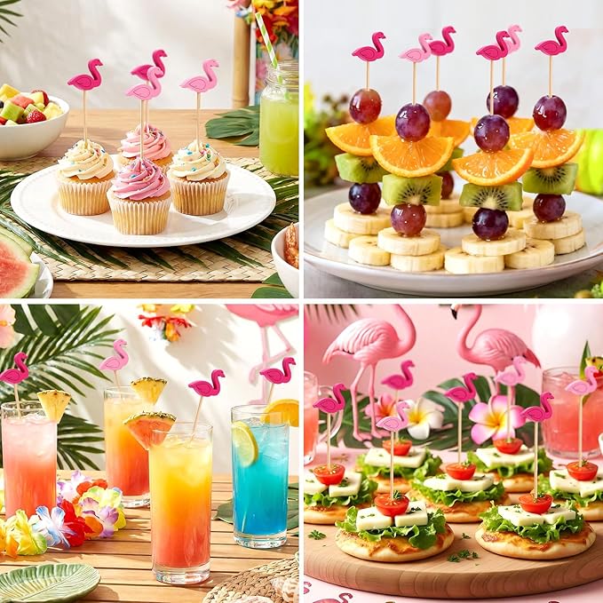 100 Pcs Flamingo Toothpicks, 4.72 Inch Flamingo Toothpicks for Appetizers, Long Bamboo Toothpicks, Decorative Toothpicks Skewers for Luau Hawaii Beach Holiday Party Decorations (Flamingo)
