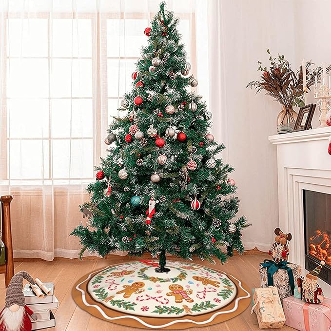 Candy Gingerbread Man Christmas Tree Skirt Xmas Tree Mat Halloween Thanksgiving Christmas Tree Ornaments Decorations Holiday Party Indoor Outdoor 36"