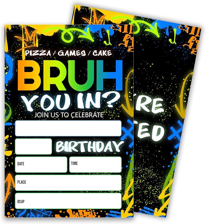 Bruh You In Theme Birthday Invitation, Boys Game Party Invitation Cards, 4 x 6 Double Sided 20 Count with Envelopes Party Supplies, Fill in Blank