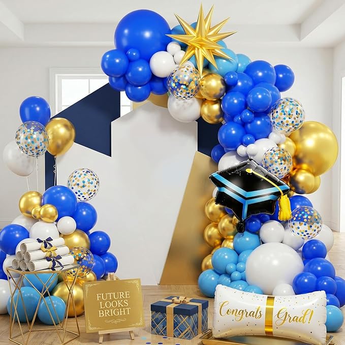 Blue Gold White Balloons Arch Kit, Blue White Balloon Arch with 4D Gold Star Graduation Certificate and Cap Foil Balloon, Royal Golden Confetti Balloons for 2026 Graduation Decoration Birthday Party