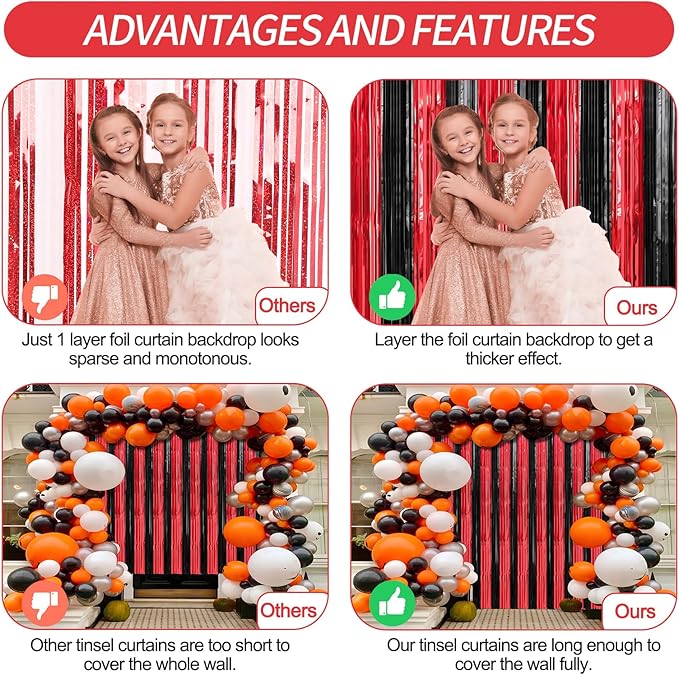 2 Pack Red and Black Foil Fringe Curtains Streamers Party Decorations 3.3 x 8.2 ft, Tinsel Curtain Fringe Backdrop for Parties, Door Fringe Birthday Streamers, Photo Booth Backdrops, Party Decor