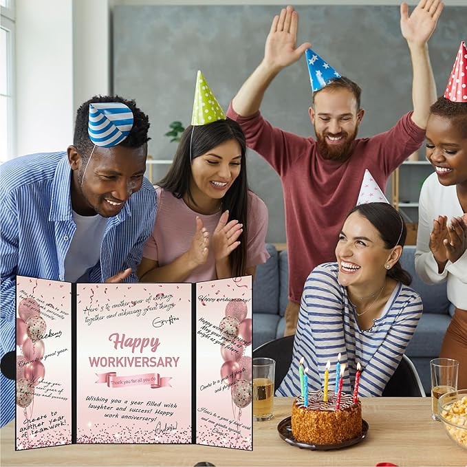 DARUNAXY Rose Gold Happy Workiversary Party Decorations, Happy Work Anniversary Alternative Signature Guest Book for Women Pink Employee Business Gifts Signing Card Board for Office Supplies