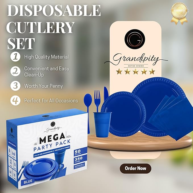 350 Piece BLUE Disposable Dinnerware Set 50 Guests, Plastic Party Plates And Cups And Napkins Sets - 50 Count 9" Dinner Plates, 7" Dessert Plates, 12oz Cups, Paper Napkins, Forks, Knives & Spoons
