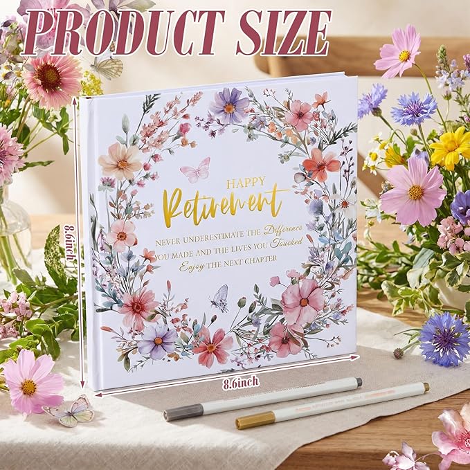 2026 Retirement Guest Book with 2 Markers 8.7'' Square Hardcover Blank Guest Photo Signing Memory Book Happy Retirement Gift Party Supplies for Women Men Teacher Grad Decor(White,Flowers)