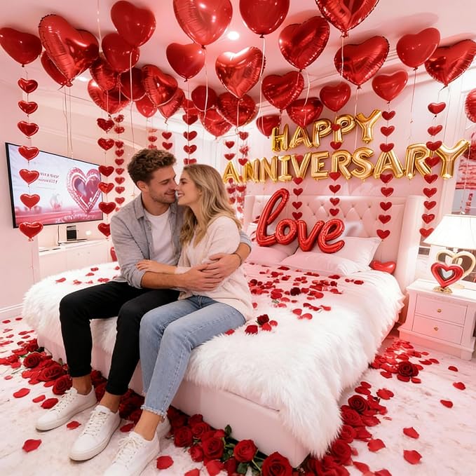 Anniversary Decorations Kit - 1000 Artificial Rose Petals & Red Heart Foil Balloons Set with Love Banner - Romantic Room Decor for Wedding Night, Proposal & Couples Special Events