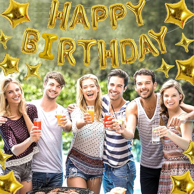 TONIFUL 35PCS Gold Happy Birthday Decorations Kit 16 Inch Happy Birthday Balloon Banner with Star Balloons Mylar Foil Birthday Party Decorations Supplies for Men Women Adults Girls Boys Kids