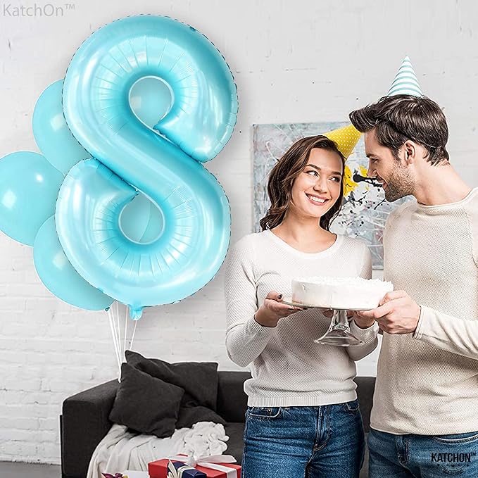KatchOn, Giant Light Blue Number 8 Balloon - 40 Inch | 8th Birthday Balloons for 8th Birthday Decorations for Girls | Light Blue 8 Balloon | 8 Balloons for Birthday Girl | Light Blue Eight Balloon