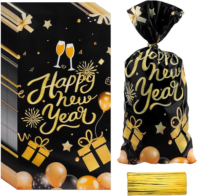 Happy New Year Cellophane Treat Bags, 200 PCS New Years Candy Goodie Gift Bags for Party Favors, Black Gold Plastic Cookie Snack Bag with Twist Ties for 2026 NYE Eve Party Holiday Decorations Supplies