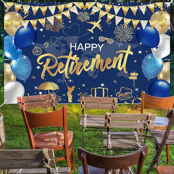 Mocsicka Retirement Party Decorations Blue and Gold Happy Retirement Backdrop Banner Retired Party Decorations Photo Booth Props (Blue Gold, 180x110cm)