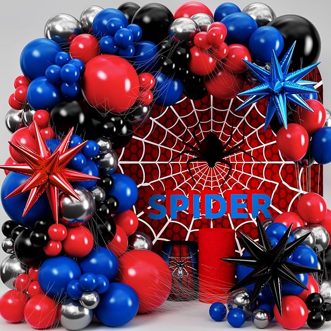 ALL-IN-1 Spider Balloon Arch Kit with BONUS Starburst for Spidy Birthday Decorations - Red Blue Spider Balloons for Spidy Man Party Decorations - Miles Birthday Decoration, Spidey Balloons