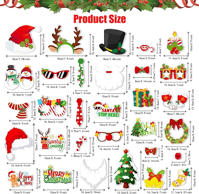 30pcs Christmas Photo Booth Props Funny Christmas Party Decorations Photobooth Favors Games Supplies for Kids Adults