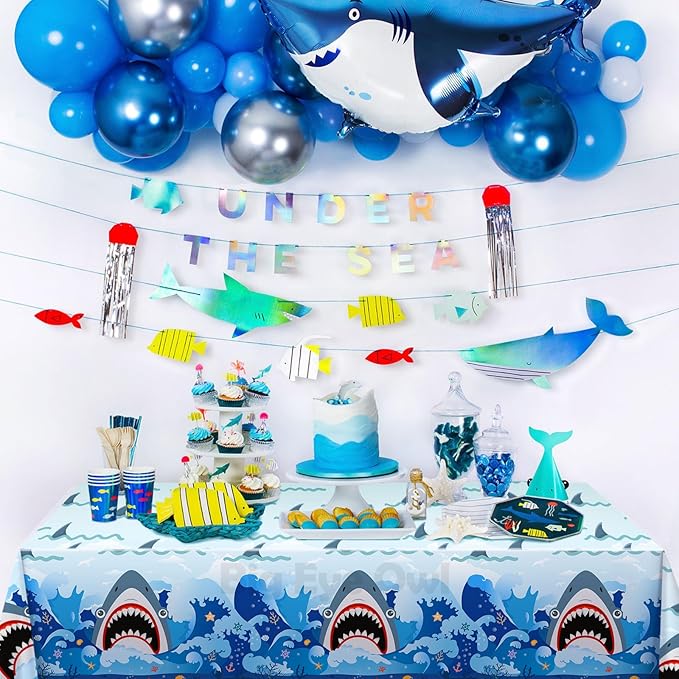 Shark Theme Tablecloths Plastic Disposable Birthday Table Cloth Rectangle Tablecovers Decorations Blue Boys Party Supplies 54x108 Inch