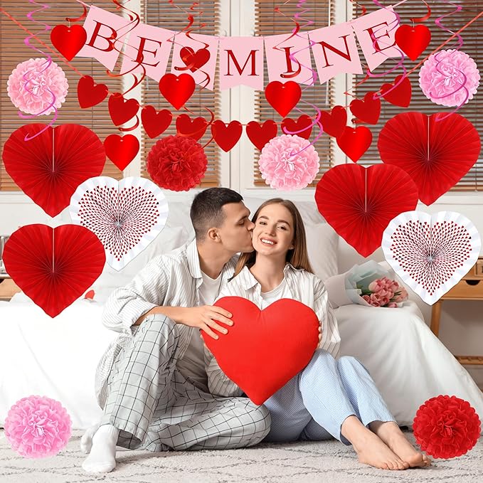 26PCS Valentines Decorations, Happy Valentines BE MINE Banner, Heart Felt Garland Paper Fans POMPOM Flowers, Red Pink Hanging Swirls for Heart Love Party Decorations Decor Wedding Supplies