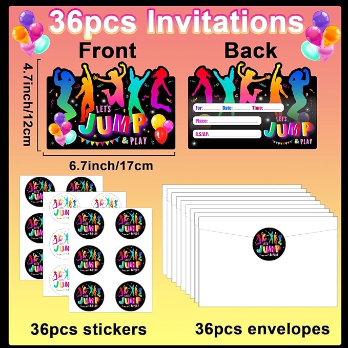 Qyeahkj 36pcs Birthday Invitations for Bounce House or Jumping Party Invitations Trampoline Jump Birthday Party Invite Supplies Favors, 36 Cards with 36 Envelopes and Stickers