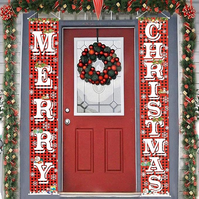FECEDY Merry Christmas Hanging Banner Porch Sign with Pattern Christmas Tree Presents Snow Banner for Home Yard Indoor Outdoor Wall Door Christmas Party Decorations 72"x12"
