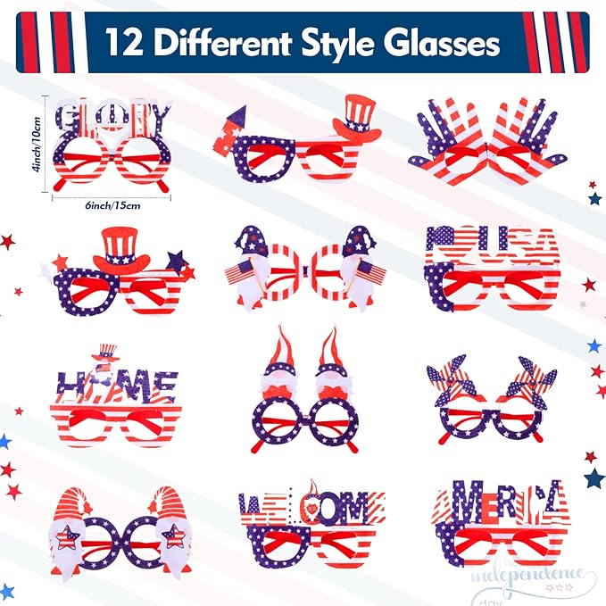 Retrowavy 24 Pcs 4th of July Party Favors Patriotic Accessories 12 Headbands and 12 Glasses Fourth of July Head Boppers American Flag Decorations for Independence Day Memorial Day Party Supplies