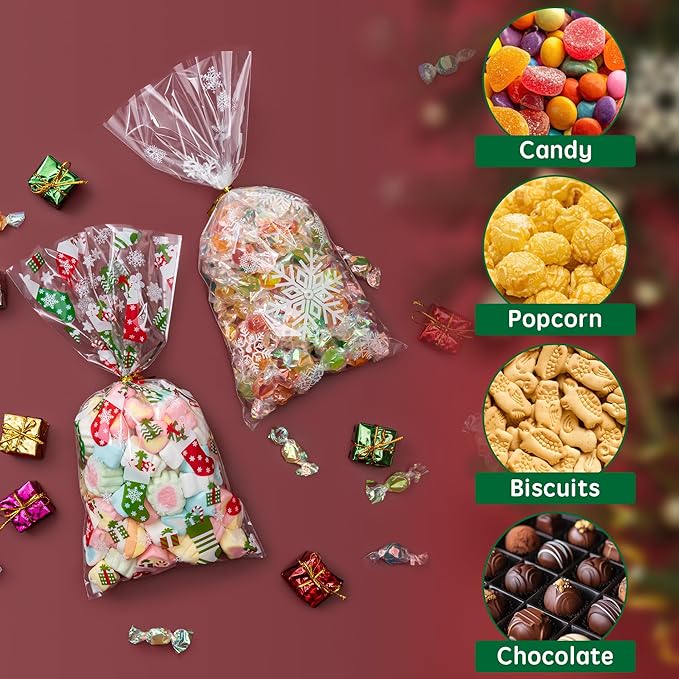 Aegero 120 Pcs Christmas Cellophane Treat Bags, Xmas Gift Candy Goodies Bags with 140 Pcs Twists for Xmas Party Favor Supplies,Kids Party Favors,Snacks Cookies Packing(10.63 x 5.12 inches,Christmas01)