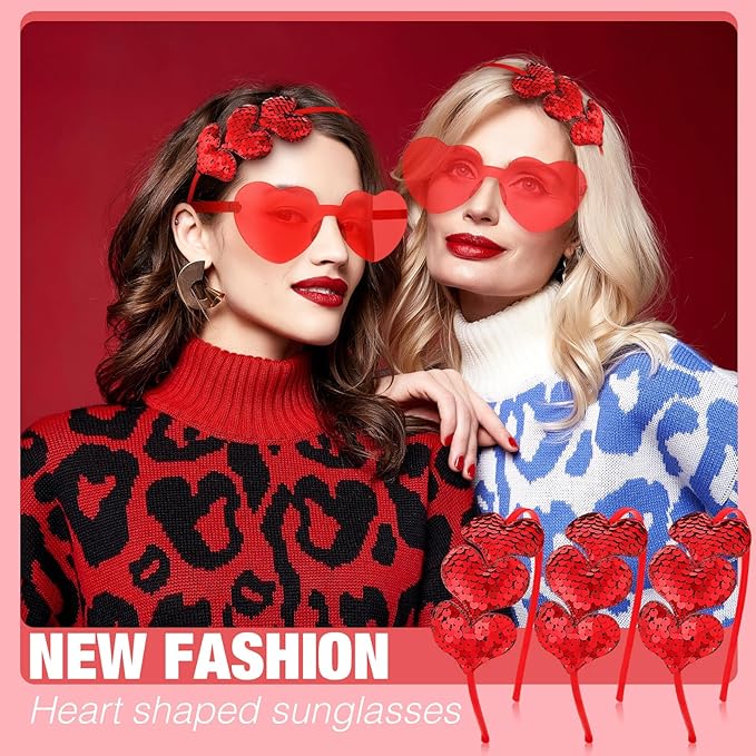 Flutesan 24 Pcs Valentines Day Heart Headbands and Sunglasses Set Red Love Photo Booth Props Women Valentine Party Decor
