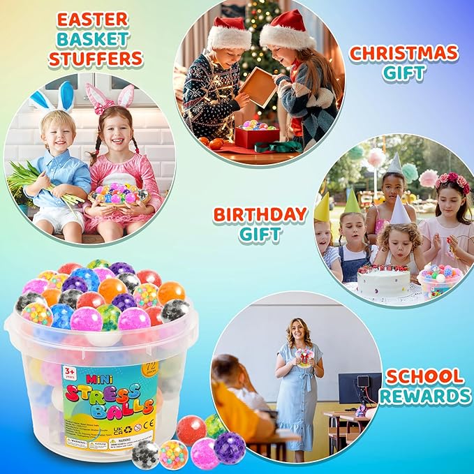 Squishy Stress Balls Fidget Toys - 72 Pack Squishy Toys Stress Ball for Nervousness, Fidget Stress Toys Bulk, Squeeze Balls for Adult Teen- Fidgets for Classroom Prize - Easter Basket Stuffers