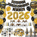 New Years Eve Party Supplies 2026, Black Gold New Years Foil Balloon Decorations Banner Hats Glasses Noisemakers Blowouts Curtains Numbers 2026 Balloons Photo Props for NYE Party Decorations