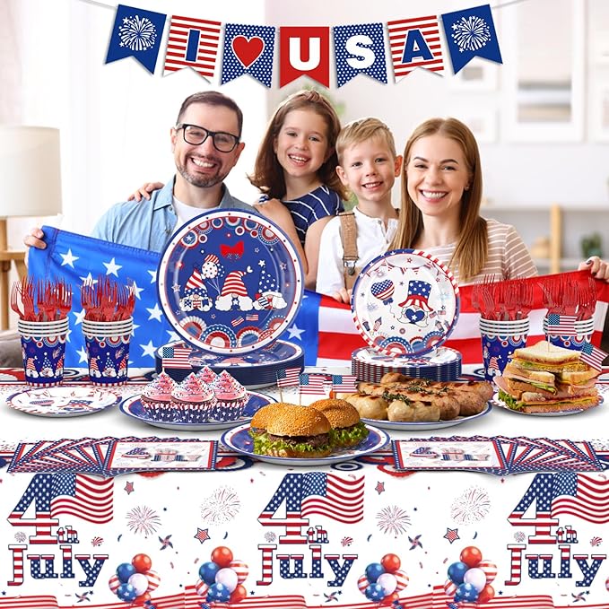 122 PCS 4th of July Plates and Napkins Sets, Independence Day Party Supplies Include Patriotic Plates and Napkins,Cups,Forks,Banner and Tablecloth for Patriotic 4th of July Party Decorations, Serve 24