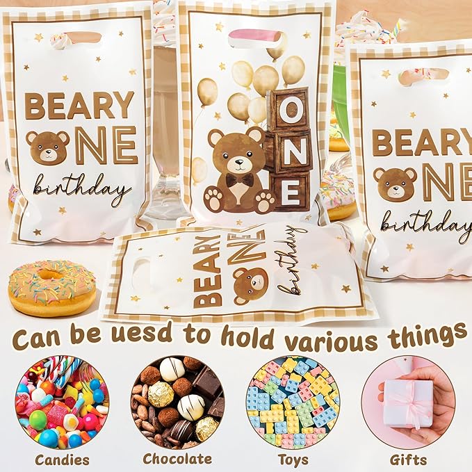 Beary First Birthday Party Favor Bag 50Pcs Brown Bear Sweet Goody Candy Treat Gift Bags Beary One My 1st Birth Day Theme Party Decorations for Kids One Year Old Birthday Supplies