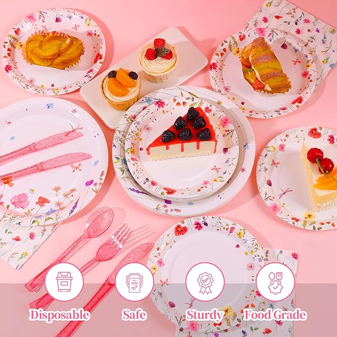 Wildflower Party Decorations,Floral Baby Shower Birthday Tableware Decorations, Wildflower Plates and Napkins for Summer Picnic Wedding Tea Party,Serve 25 Guests