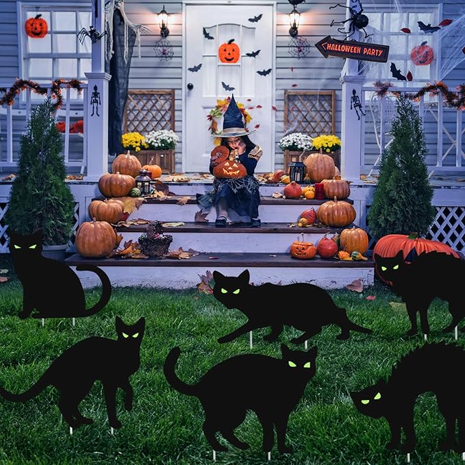Halloween Decorations Outdoor,6Pcs Flordeluna Black Cat Yard Signs with Stakes, Glow in the Dark Eyes and 28pcs 3D Bats Wall Decor for Outdoor Yard Lawn Patio Garden Halloween Decor