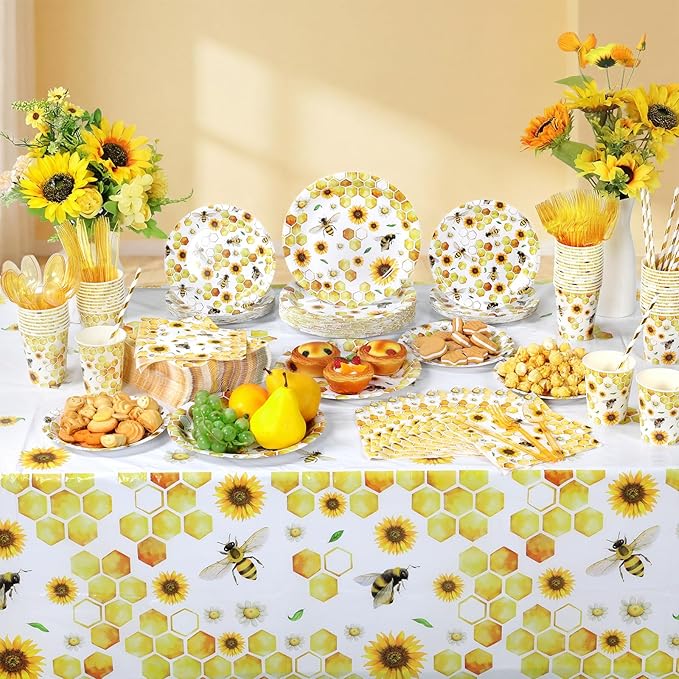 LemonRoad 452 Pcs Bee Baby Shower Decorations for 50, Bee Paper Plates Napkins Cups Tablecloth Disposable Cutlery Straws for Birthday Party What Will Baby Be Gender Reveal Dinnerware Supplies