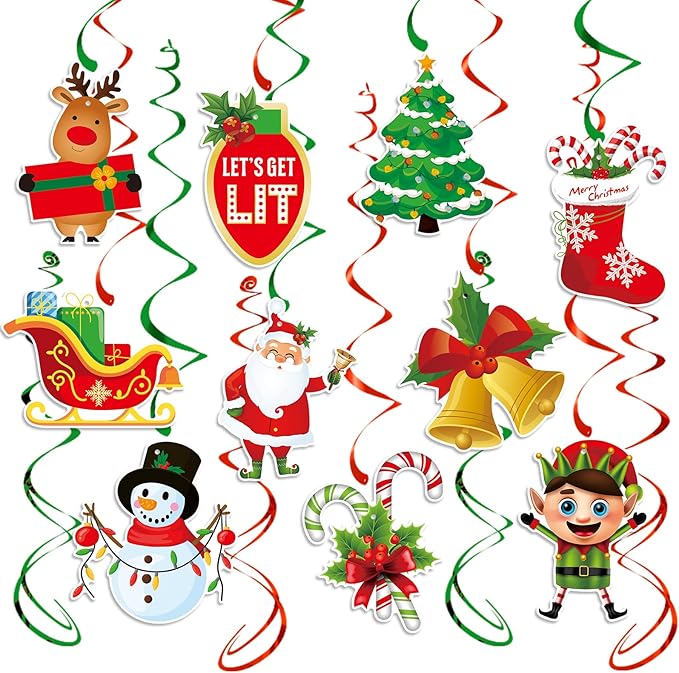 Red-White Green Christmas Party-Decorations Streamers - 16pcs Friendsmas New Year Hanging Swirls Banner Supplies, Classroom Ceiling Garland Indoor Holiday Decor