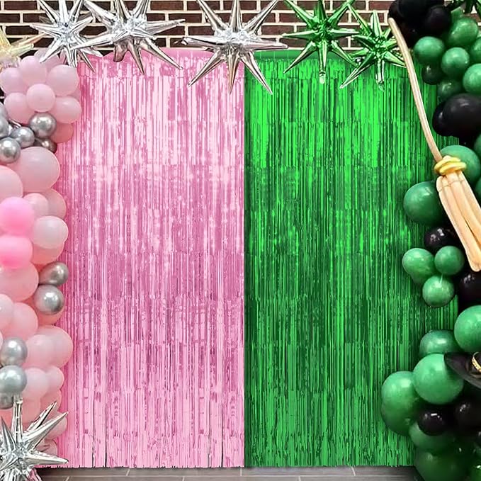 4 Pack 3.3Ft x 6.6Ft Pink and Green Foil Fringe Curtain Backdrop Decorations, Witch Metallic Tinsel Foil Streamers Curtain Photo Booth Background for Witch Wedding Birthday Party Decorations