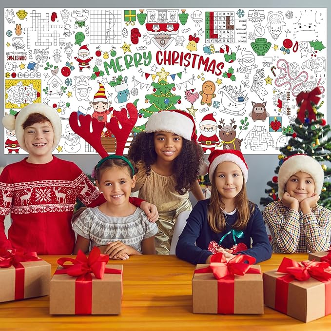 Giant Coloring Poster for Kids, 30x72 Inch Merry Christmas Large Coloring Tablecloth Banner, Color-in Activities Games for Kids School Classroom Home Party Supplies Decorations