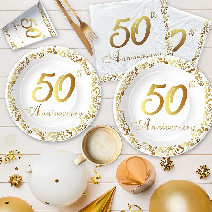 APOWBLS 50th Anniversary Decorations And Supplies Tableware - Golden 50th Wedding Anniversary Decorations Party Supplies, Paper Plate, Napkin, Tablecloth, Fork | Serves 24