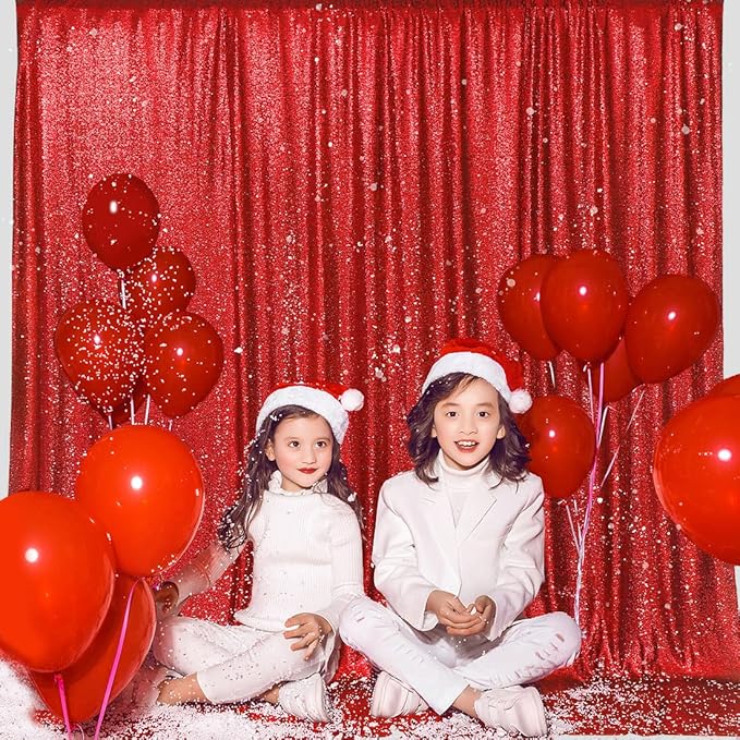 PartyDelight Red Sequin Backdrop 6x6ft - High Density 3mm Shimmer Sequin Background with 4-Inch Rod Pocket, Sparkly Photography Curtain for Birthday, Christmas, TikTok & Live Decor