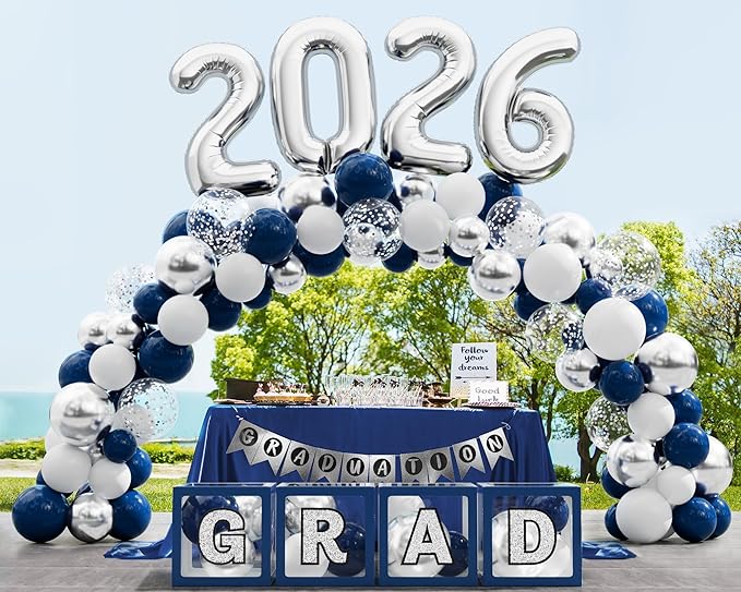 Graduation Party Decoration Class of 2026, 86PCS Blue & Silver Graduation Party Supplies High School College Grad Balloon Boxes with Letter, Foil Curtain, LED String Light, Balloon Garland Kit