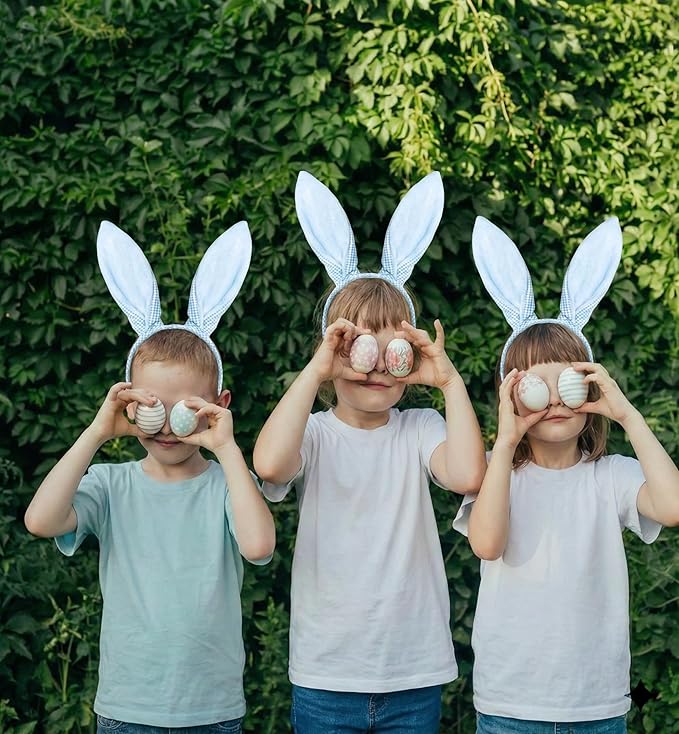 Blue Bunny Ears Headband, Cute Blue Plaid Easter Bunny Ears Headband for Easter Accessories for Women