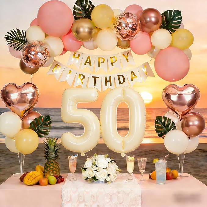 50th Birthday Decorations for Women, Retro Sand White and Cream Balloon Garland Kit, Cream Number 50 Balloon, Pink Happy 50th Banner, Milestone Party Supplies