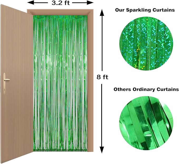 Green Tinsel Curtain Backdrop for St Patricks Day Decorations – Melsan 2 Pack 3.2 ft x 8 ft Metallic Foil Fringe Curtains for Irish Party, Jungle Birthday, Photo Booth Backdrop