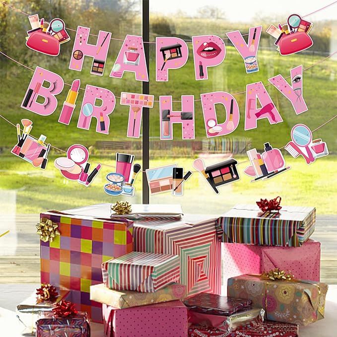 Zwiebeco Makeup Happy Birthday Banner Sign Spa Party Hanging Paper Decorations for Girls Women Glamour Cosmetics Theme Accessories Supplies