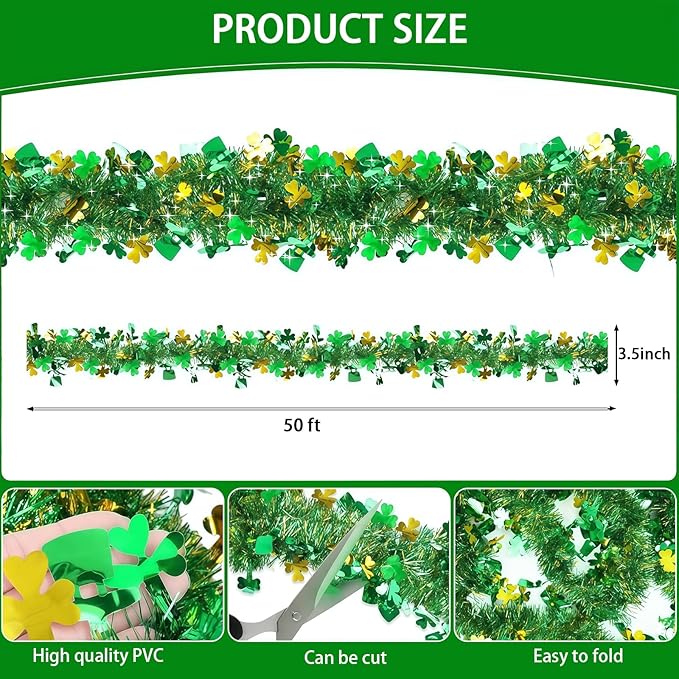 50 Ft St Patricks Day Garland Decorations,Lucky Gold Green Irish Shamrock Hat Glitter Tinsel Garland Hanging Decor for Tree Mantle Holiday Party Bedroom Office Classroom Indoor Outdoor