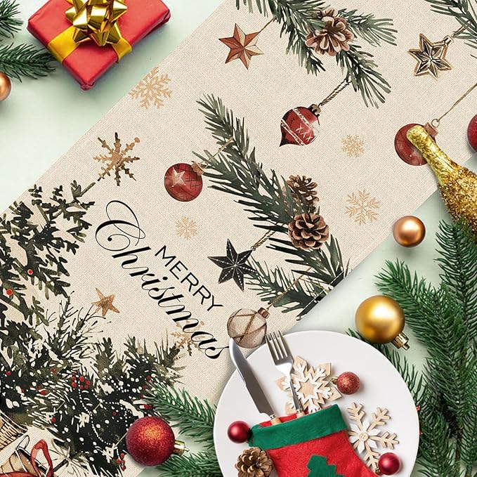 Merry Christmas Tree Dining Table Runner, Xmas Balls Pine Needle Branches Burlap Kitchen Decoration, Winter Holiday Indoor Outdoor Home Decor Party Supply 13 x 72 Inches
