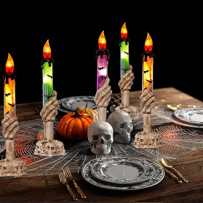 Hourleey Halloween Decorations, 10 Pack Skull Candle Lights with Stakes, Battery Operated Waterproof Pathway Decor with Timer for Indoor Outdoor Front Pathway Lawn Yard Garden