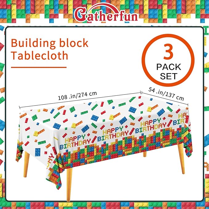Gatherfun Building Block Party Disposable Tablecloth, Plastic Table Cover for Building Block Themed Party, Kids Birthday, 3 PCS, 54”x108”