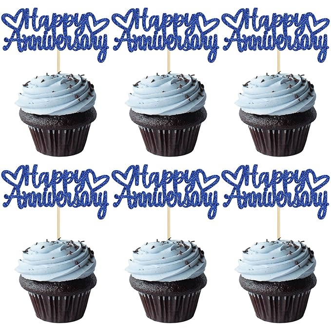 Gyufise 24Pcs Happy Anniversary Cupcake Toppers Glitter Anniversary Party Supplies Cake Decorations Wedding Celebration Party Decoration Supplies Blue