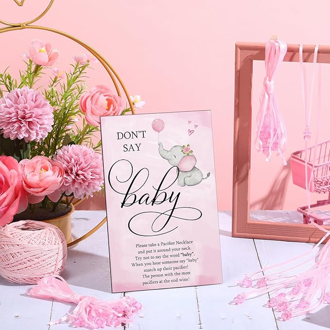 Geetery 51 Pcs Don't Say Baby Game Sign Cool Baby Shower Game 50 Pacifier Necklace Wooden Don't Say Sign Plastic Pacifier Party Favor for Gender Reveal(Elephant,Pink)
