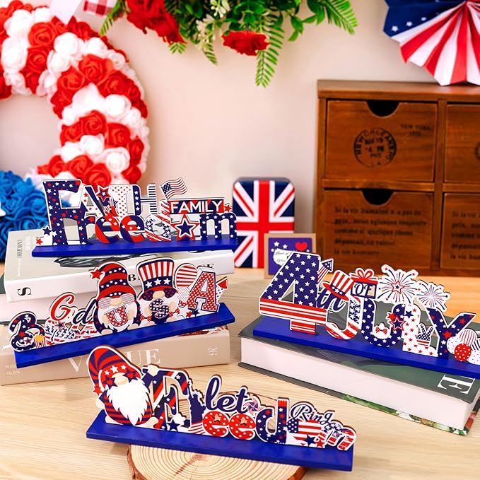 Hommtina 4 Pcs 4th of July Decorations Patriotic Decorations 4th of July Gnomes Memorial Day Decorations Red White and Blue Decorations for House School Classroom